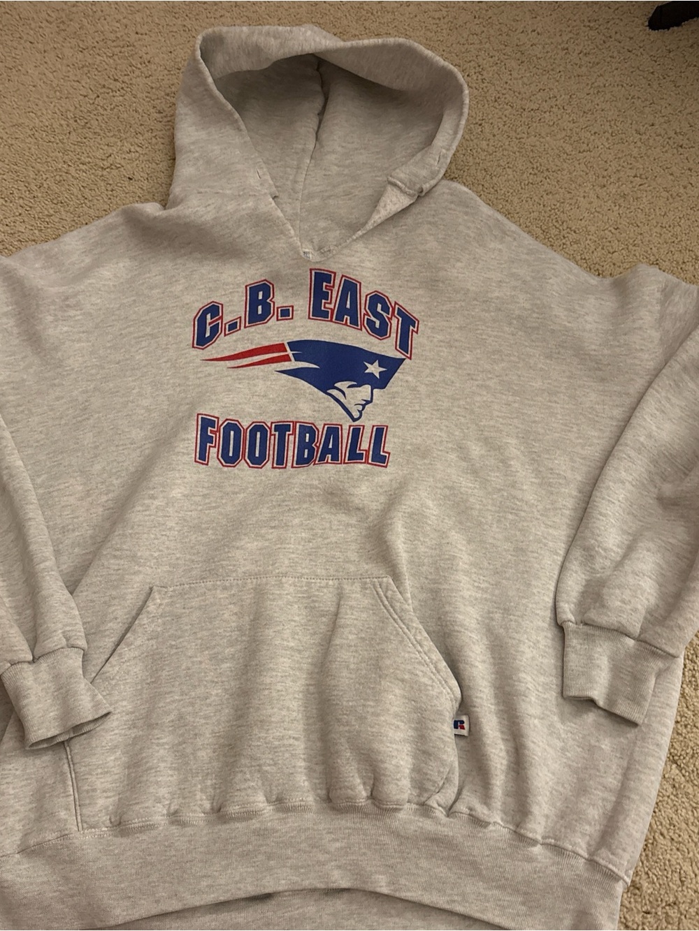 Russell Athletic Gray Hooded Sweatshirt with Red & Blue Team Logo #vintage